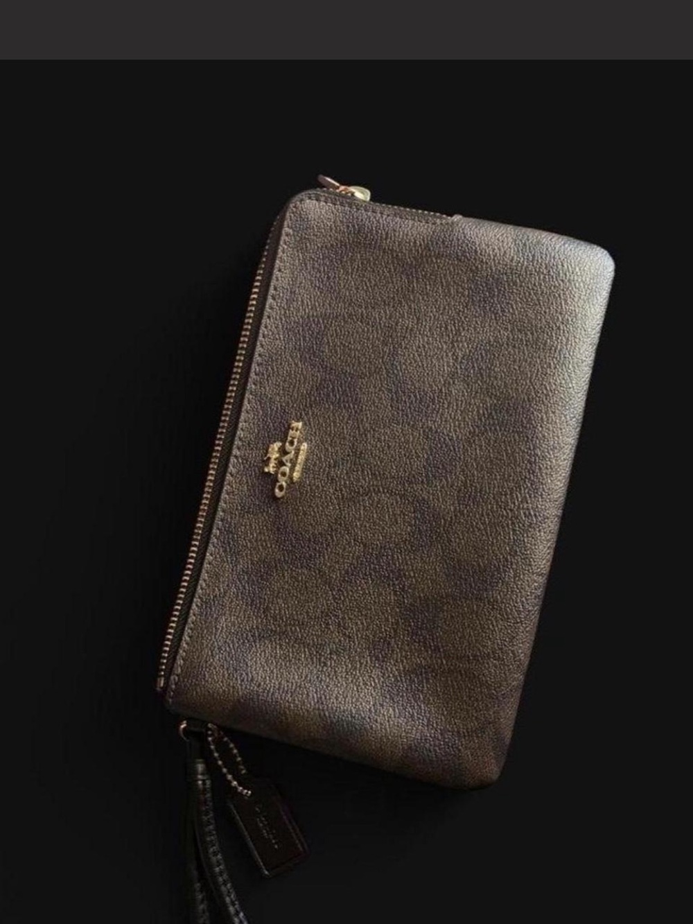 Coach Dark Brown Signature Zip Around Wallet with Gold Hardware
